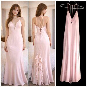 Betsy Adams Ruffled Maxi Dress baby Pink Size 12 Strappy Gown Bodycon Coquette